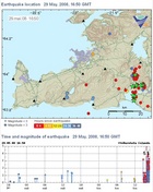 map of SW Iceland showing recent earthquakes as dots and stars