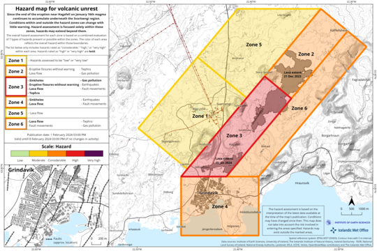 The overall assessment for each zone is based on a combined evaluation of seven types of hazards that could occur within individual zones. The list on the map shows hazards within the zones that are rated as "considerable", "high," or "very high". Hazards rated as "high" or "very high" are highlighted in bold. This map is valid until 8 Feb. 2024