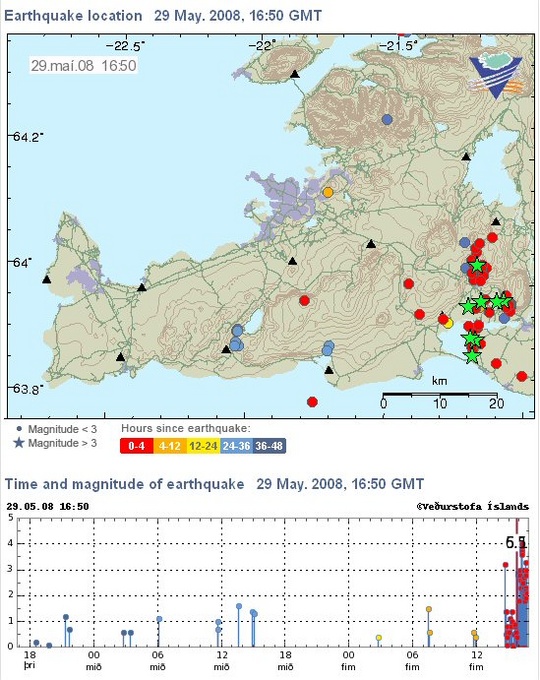 map of SW Iceland showing recent earthquakes as dots and stars