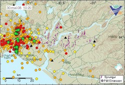 map of Ölfus shows a cluster of dots representing earthquakes