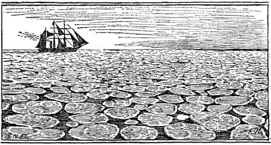 Teikning af lummuís eða hungurdiskar stutt frá Jan Mayen 18. apríl 1882. Fridjof Nansen teiknaði