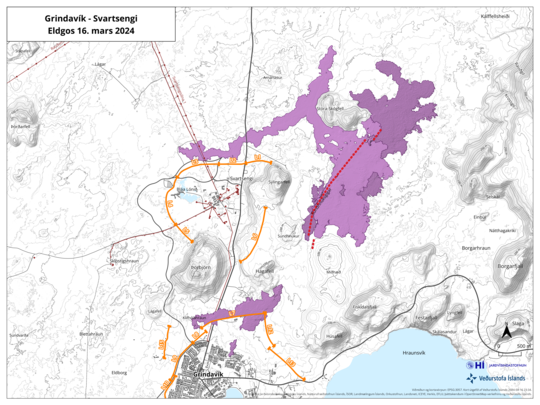 The map shows the fissure opening in red. Orange lines shows lava barriers. (Click map to enlarge)