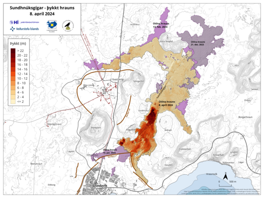 Map showing the extent and thickness of the lava formed in the current eruption. Purple areas show lava that has flowed in the area since December 2023.