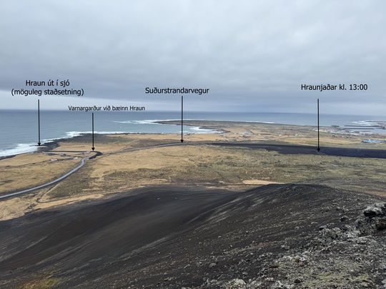 The progression of the lava flow towards Suðurstrandarvegur road was closely monitored due to the possibility of lava flowing over the road and even to the seacoast. Photo taken on 17 March.