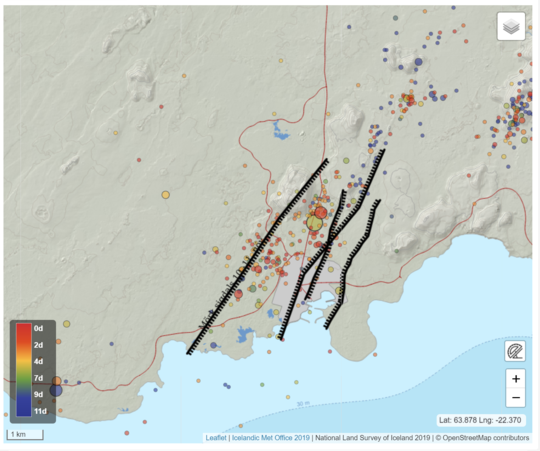 The map shows seismicity detected from 3 March to 14 March. Black lines outline Grabens that formed in diking events on 10 November 2023 and 14 January 2024. (Click map to enlarge)