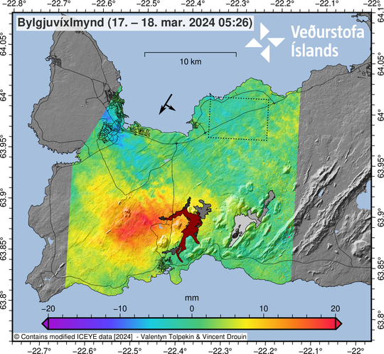 InSAR image showing measured inflation (red areas) between 17 and 18 March after the eruption began. The image is based on data from the ICEYE satellite. (Click map to enlarge)