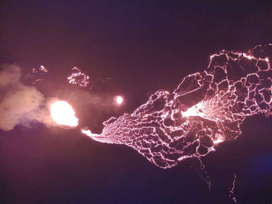 Aerial image from a drone flight operated by Civil Protection last night, 3 April. The image shows the two craters and the lava flowing from them towards the south.
