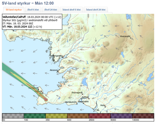 The weather forecast for later today brings wind from the southeast and east with a speed of 8-13 m/s at the eruption site, followed by decreasing winds from the south and southwest. Gas emissions will therefore drift northwest and west, with a shift to the north later today. Significant uncertainty exists in the strength of gas emissions. Wind from the southwest with a speed of 10-18 m/s is expected tomorrow morning, so the gas emissions will then travel to the northeast. It is unlikely that gas emissions will reach the Capital Region due to strong winds. The gas dispersion forecast can be monitored here.