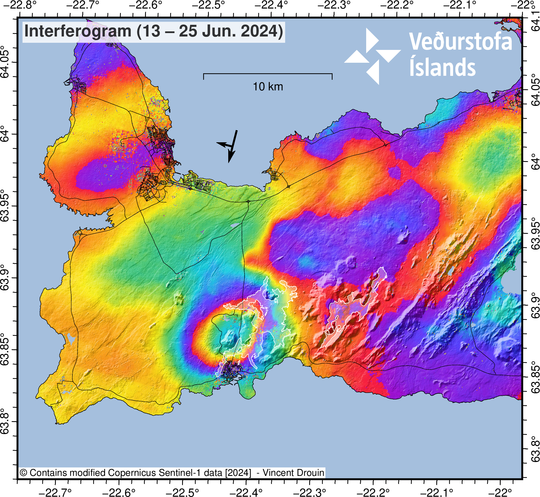 Interferogram (InSAR) for the period 13 - 25 June shows that deformation in that period is around 3-4 cm. The image is based on data from the Sentinel-1 satellite. The areas with white contours correspond to the extension of lava fields in the Fagradalsfjall and Sundhnúks regions.