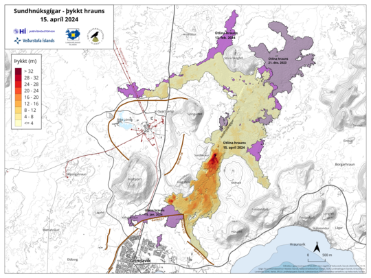 Map showing the lava flow area and the thickness of the lava formed in the ongoing eruption. Purple colors show lava formed in the area since December 2023.