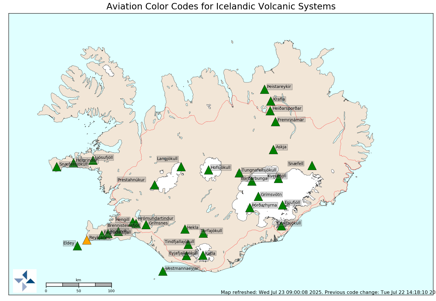 Aviation colour code map Volcanic eruptions Icelandic